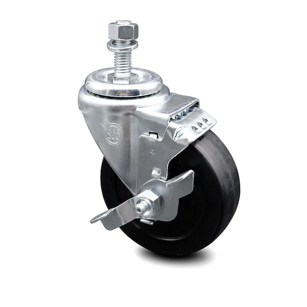 4 Inch Soft Rubber Wheel Swivel 1/2 Inch Threaded Stem Caster with Brake SCC
